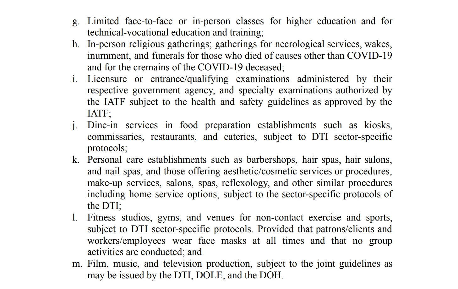 This screenshot of IATF guidelines shows a list of activities allowed under Alert Level 3. 