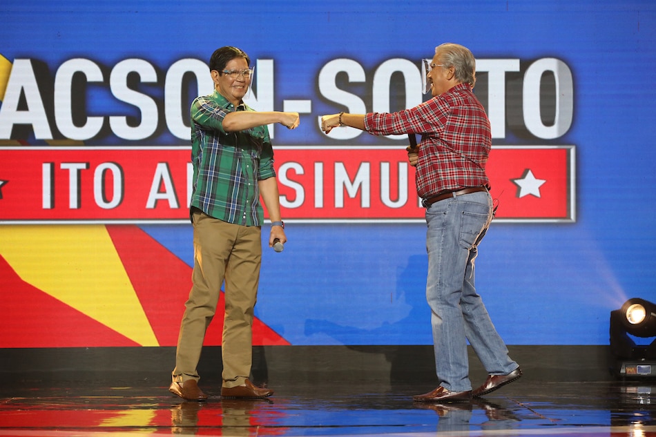 Senator Ping Lacson and Senate President Vicente Sotto III gesture as they launch their bid for the 2022 national election during a pre-taped event released on Wednesday, September 8, 2021. Louie Millang, handout
