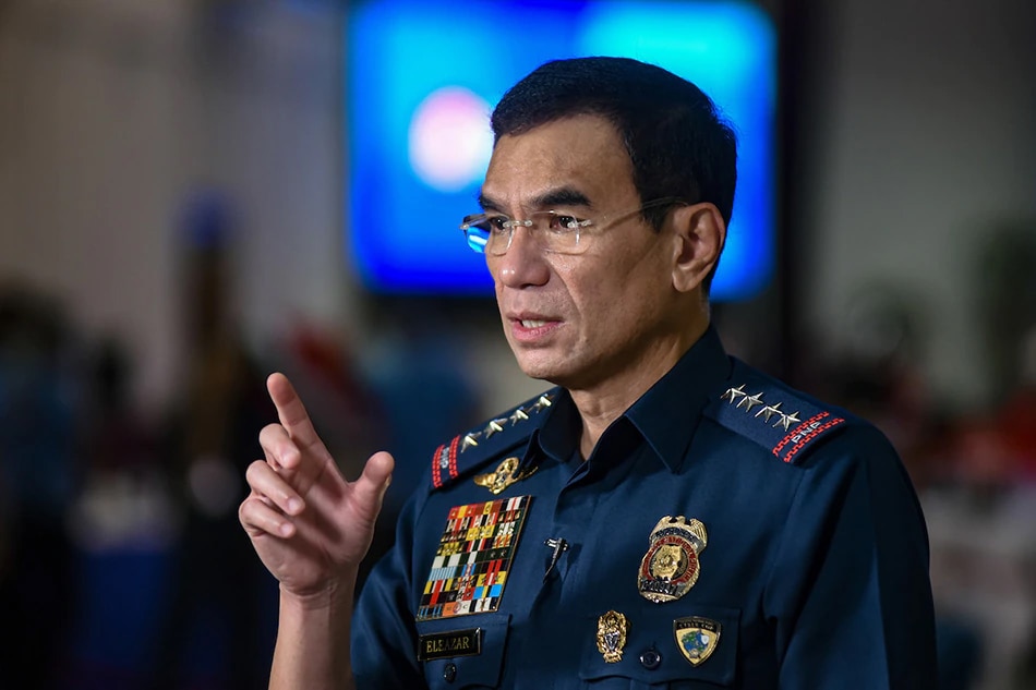 Then police chief Gen. Guillermo Eleazar speaks to the members of the press during the launch of body-worn cameras (BWC) for police personnel held inside the Camp Crame in Quezon City on June 4, 2021. George Calvelo, ABS-CBN News