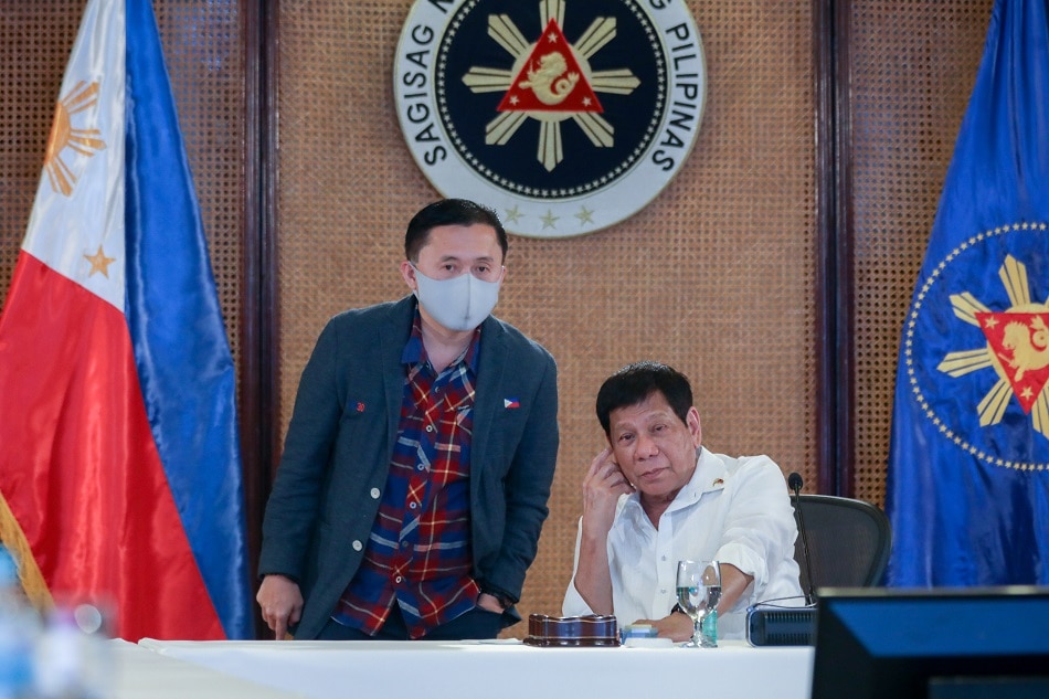 President Rodrigo Duterte, accompanied by Senator Christopher Lawrence Go, presides over a meeting with the Inter-Agency Task Force on the Emerging Infectious Diseases (IATF-EID) core members prior to his talk to the people at the Malacañang Palace on November 9, 2021. Toto Lozano, Presidential Photo/file