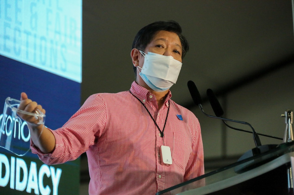 Former senator Bongbong Marcos speaks with the members of the press after filing his certificate of candidacy (COC) for the 2022 presidential election at the Harbor Garden tent of the Sofitel Hotel in Pasay City on Oct. 6, 2021. Jonathan Cellona, ABS-CBN News/File 