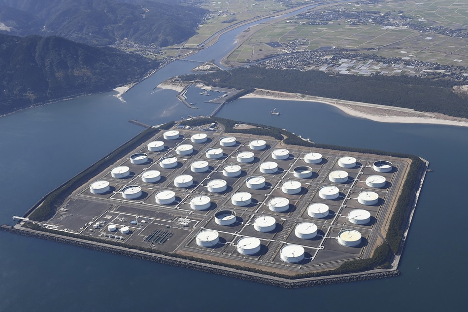 An aerial view shows Shibushi National Petroleum Stockpiling Base in Kagoshima prefecture, Japan January 18, 2019, in this photo taken by Kyodo.