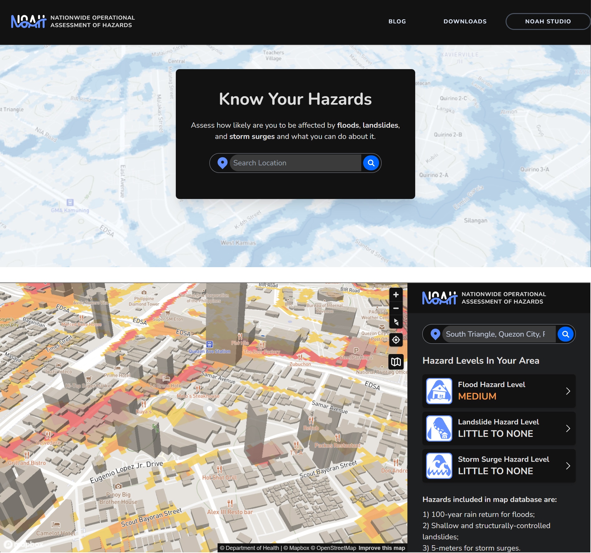 UP NOAH's website, which offers flood, landslide, and storm surge risk assessments to users. The more advanced 