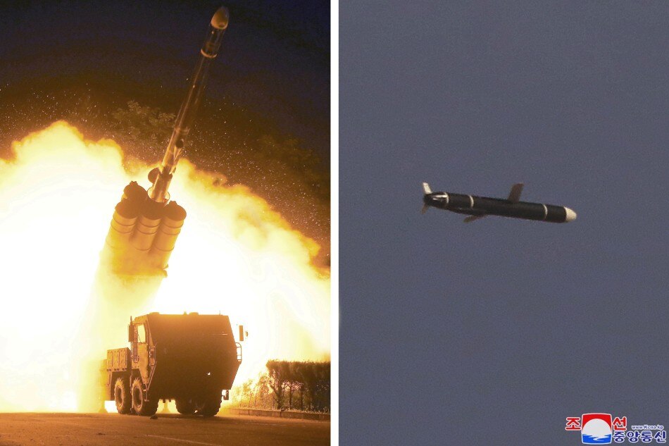 The Academy of National Defense Science conducts long-range cruise missile tests in North Korea, as pictured in this combination of undated photos supplied by North Korea's Korean Central News Agency (KCNA) on Sept. 13, 2021. KCNA via Reuters