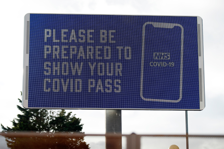 A sign is seen outside the stadium before the Premier League match between Crystal Palace and Norwich City at Selhurst Park, London on December 28, 2021. Andrew Boyers, Action Images via Reuters/