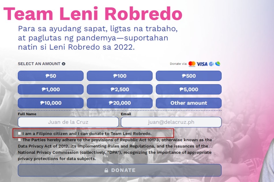 Crowdfunding program na gawa ng mga tagasuporta ni Bise Presidente Leni Robredo para sa halalan. Screengrab 