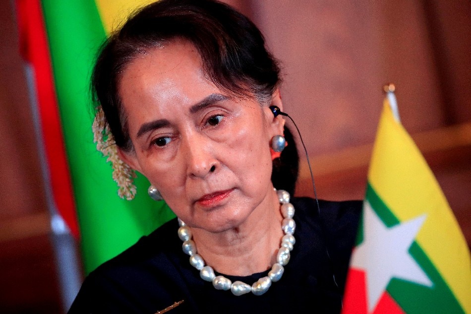 Myanmar's Aung San Suu Kyi attends the joint news conference of the Japan-Mekong Summit Meeting at the Akasaka Palace State Guest House in Tokyo, Japan October 9, 2018. Franck Robichon/Pool via Reuters/File Photo
