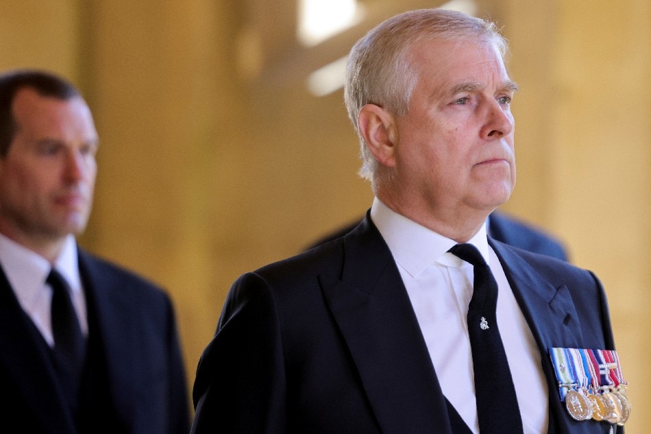 Britain's Britain's Prince Andrew, Duke of York, looks on during the funeral of Britain's Prince Philip, husband of Queen Elizabeth, who died at the age of 99, on the grounds of Windsor Castle in Windsor, Britain, April 17, 2021. Chris Jackson/Pool via Reuters