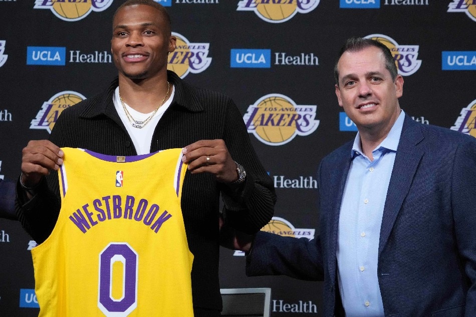 Russell Westbrook (left) poses with Lakers coach Frank Vogel at a press conference at Staples Center on August 10, 2021. Kirby Lee, USA Today Sports/Reuters