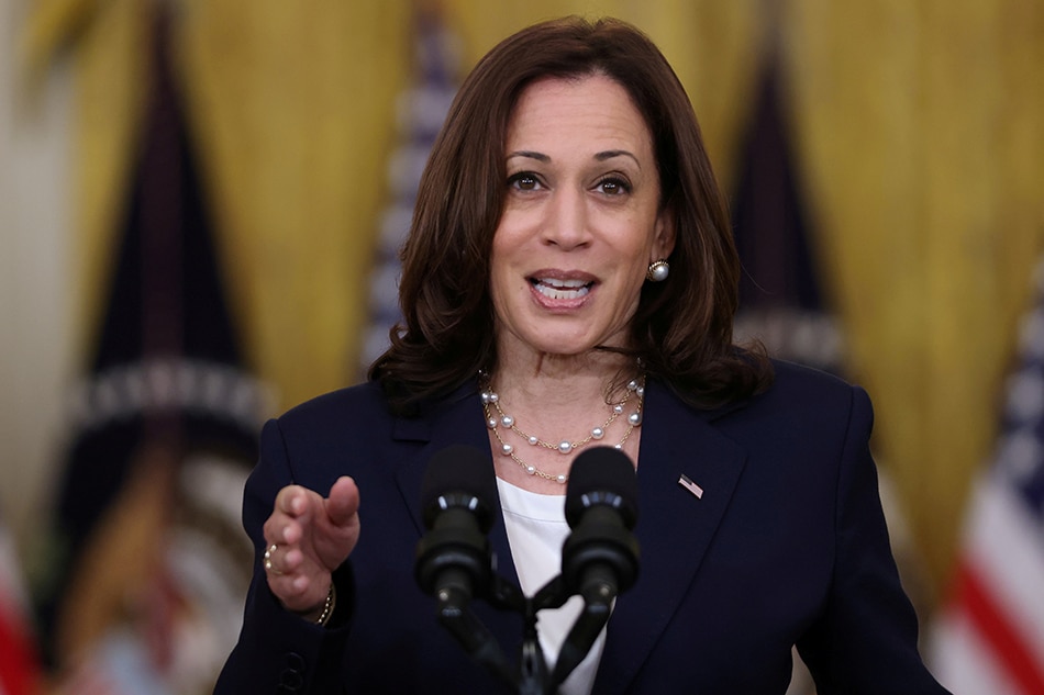 US Vice President Kamala Harris discusses the US Senate's passage of the $1 trillion bipartisan infrastructure bill, during a meeting in the State Dining Room at the White House in Washington, US, August 10, 2021. Evelyn Hockstein, Reuters