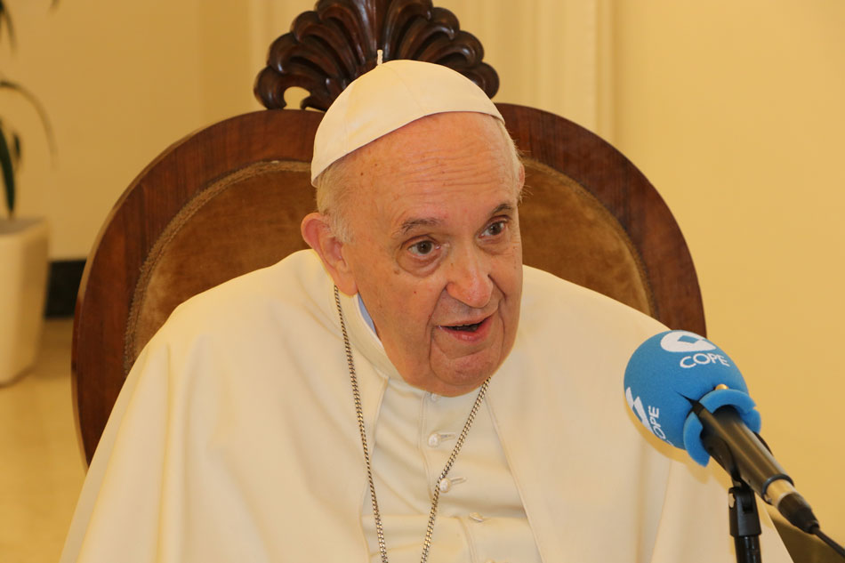 Pope Francis speaks during an interview with Spanish radio station COPE at the Vatican City in this picture released September 1, 2021. Carlos Herrera en COPE/Handout via Reuters