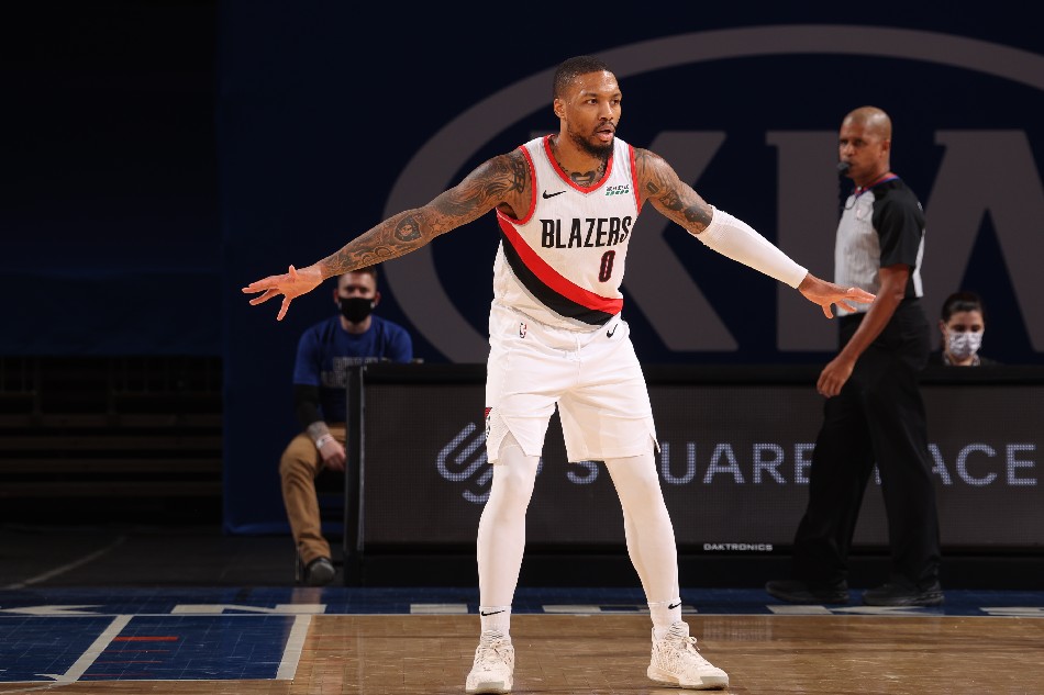 Damian Lillard #0 of the Portland Trail Blazers plays defense during the game against the New York Knicks on February 6, 2021 at Madison Square Garden in New York City, New York. File photo. Nathaniel S. Butler, NBAE via Getty Images/AFP