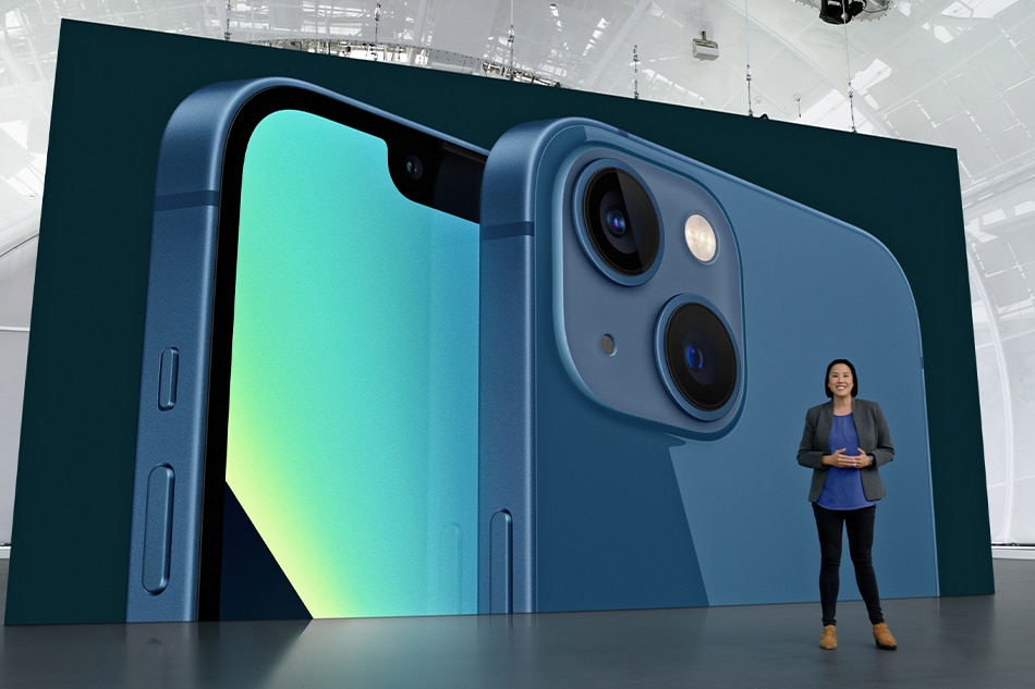 Apple's Kaiann Drance showcases the new iPhone 13 during a special event at Apple Park in Cupertino, Calif. broadcast September 14, 2021 in a still image from video. Apple Inc. handout via Reuters