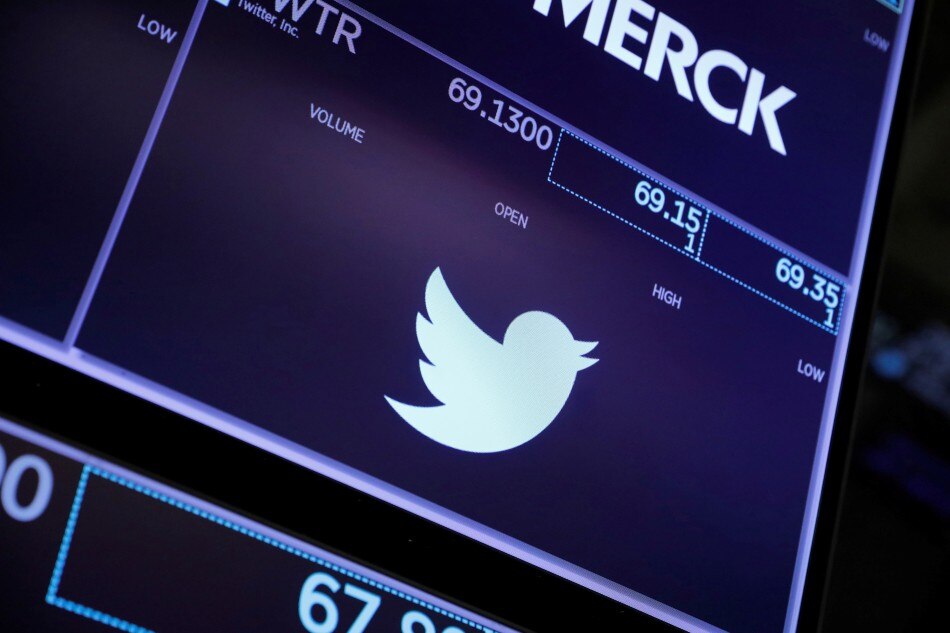 The logo for Twitter is seen on the trading floor at the New York Stock Exchange (NYSE) in Manhattan, New York City, U.S., August 3, 2021. Andrew Kelly, Reuters/File Photo