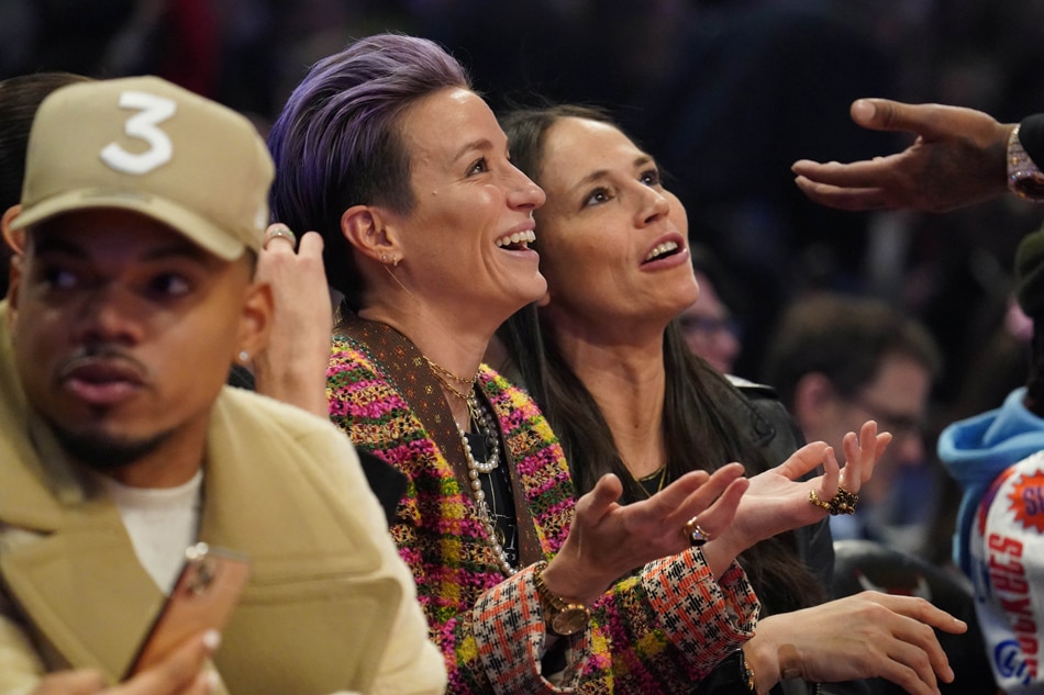 Recording artist Chance The Rapper , Megan Rapinoe and Sue Bird in attendance in the first quarter during the 2020 NBA All Star Game at United Center. File Photo. Kyle Terada, USA TODAY Sports/Reuters.