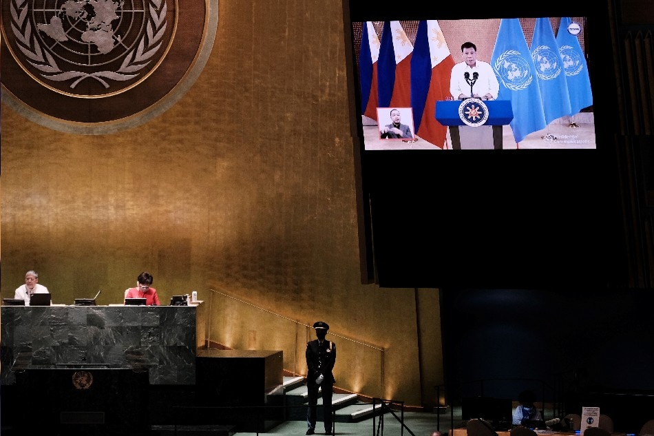 President Duterte speaks remotely during the 76th session of the General Assembly at the UN Headquarters in New York, September 21, 2021. Spencer Platt via pool, Reuters