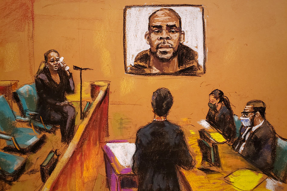 Cheryl Mack is questioned by Assistant US Attorney Nadia Shihata during R. Kelly's sex abuse trial in a courtroom sketch in New York, September 17, 2021. Jane Rosenberg, Reuters