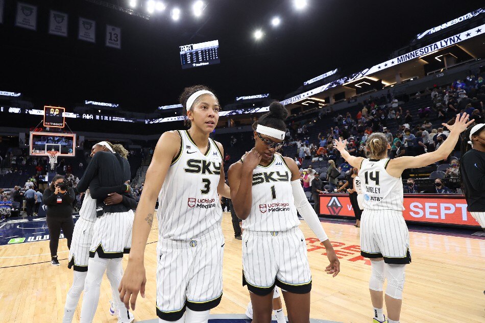 Candace Parker #3 of the Chicago Sky looks on after the game against the Minnesota Lynx during the 2021 WNBA Playoffs on September 26, 2021 at Target Center in Minneapolis, Minnesota. David Sherman, NBAE via Getty Images/AFP