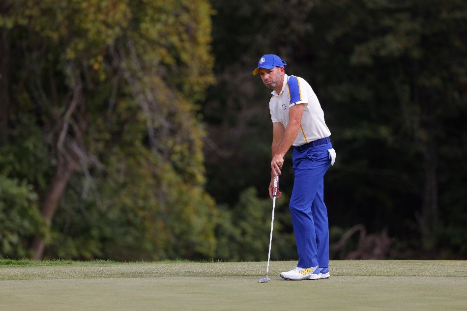 Team Europe's Sergio Garcia reacts after a missed putt on the 9th green during the Singles. Brian Snyder, Reuters.