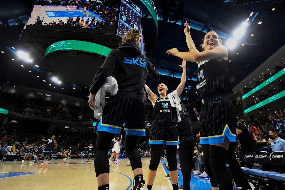 Chicago Sky center Stefanie Dolson (31) and Chicago Sky guard Allie Quigley (14) react during the second half of game three of the 2021 WNBA Finals against the Phoenix Mercury at Wintrust Arena. Matt Marton, USA TODAY Sports/Reuters