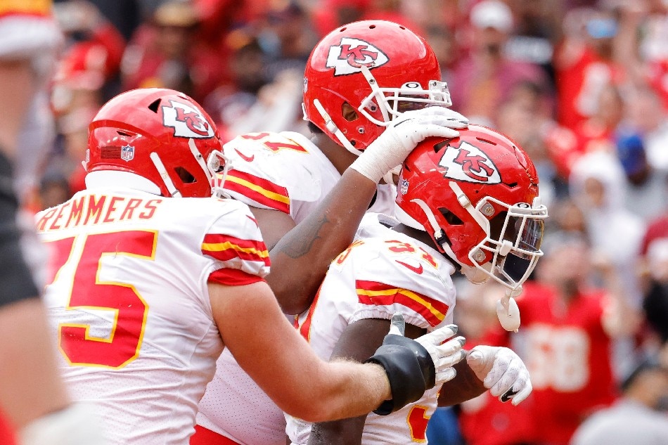 Kansas City Chiefs running back Darrel Williams (31) celebrates with teammates after scoring a touchdown against the Washington Football Team during the third quarter at FedExField. Geoff Burke, USA TODAY Sports/Reuters.