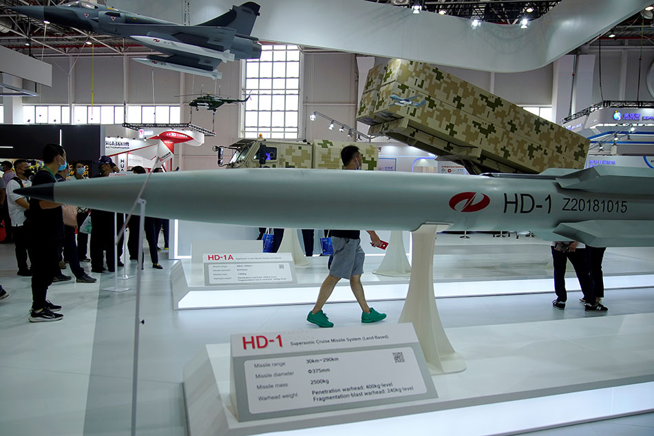 A model of HD-1 land-based supersonic cruise missile system is displayed at the China International Aviation and Aerospace Exhibition, or Airshow China, in Zhuhai, Guangdong province on September 29, 2021. Aly Song, Reuters