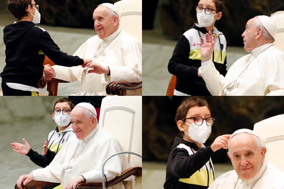 A combination picture shows a boy trying to take Pope Francis' white papal skullcap as he greets him during the weekly general audience at the Vatican, October 20, 2021. Remo Casilli, Reuters