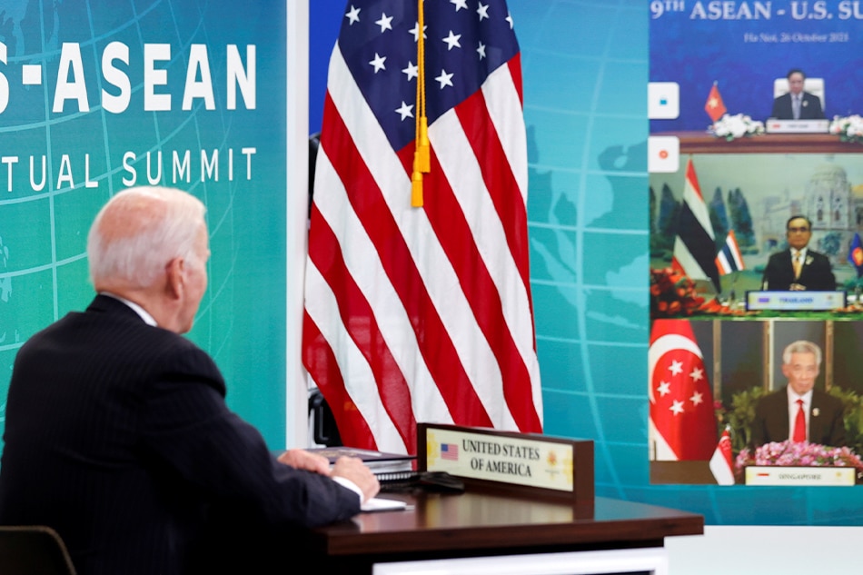 President Biden participates virtually with the ASEAN summit from an auditorium at the White House in Washington, October 26, 2021. Jonathan Ernst, Reuters