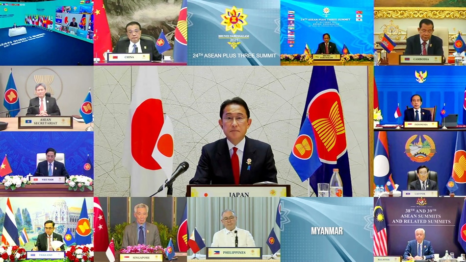 Japan's Prime Minister Fumio Kishida speaks during the virtual ASEAN Plus Three Summit, hosted by ASEAN Summit Brunei, in Bandar Seri Begawan, Brunei on October 27, 2021. ASEAN SUMMIT 2021 HOST PHOTO/Handout via Reuters
