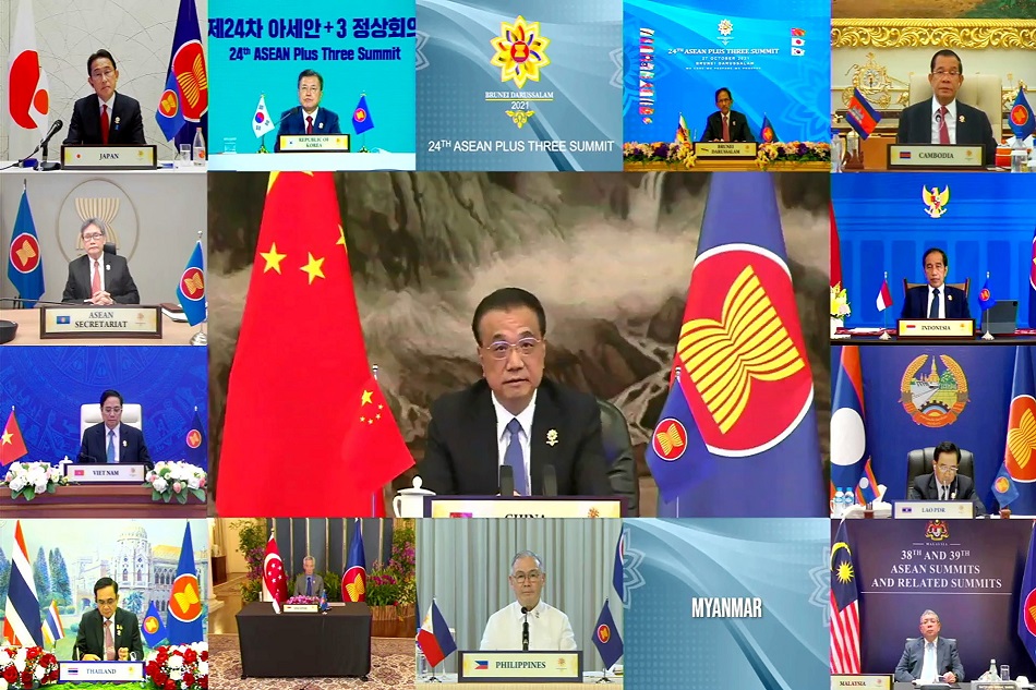Chinese Premier Li Keqiang speaks during the virtual ASEAN Plus Three Summit, hosted by ASEAN Summit Brunei, in Bandar Seri Begawan on October 27, 2021. ASEAN Summit 2021 host photo handout via Reuters