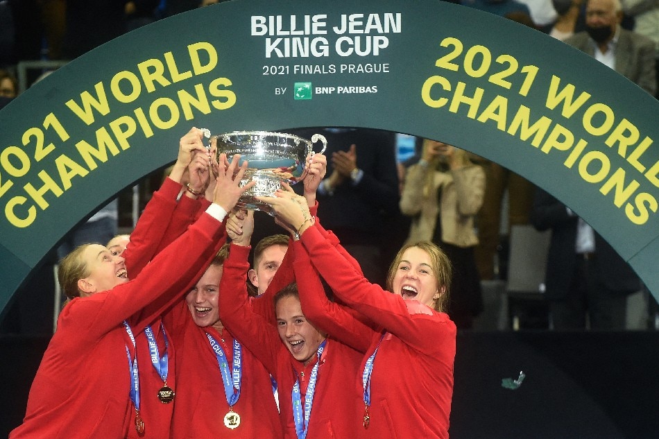 Team Russia celebrates with their trophy after winning the Billie Jean King Cup tennis match finals at the O2 Arena in Prague, Czech Republic, on November 6, 2021. Michal Cizek, AFP