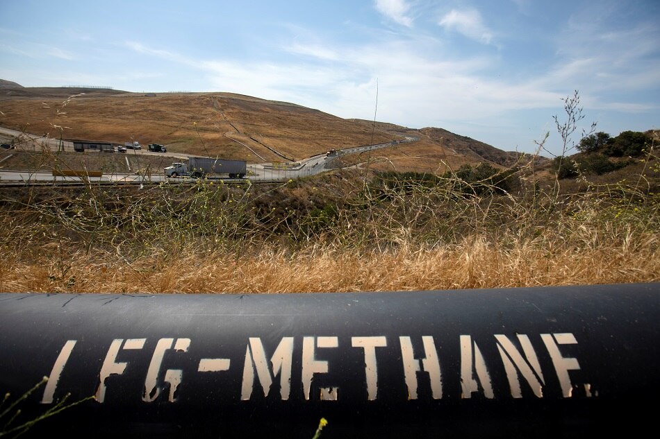 A pipeline that moves methane gas from the Frank R. Bowerman landfill to an onsite power plant is shown in Irvine, Calif., on June 15, 2021. Picture taken June 15, 2021. Mike Blake, Reuters/file