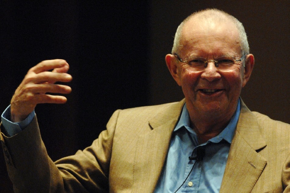 In this file photo, internationally acclaimed Central African born author, Wilbur Smith, shares his experience during the second day of the International Festival of Literature in Dubai on February 27, 2009. Wilbur Smith, has died in South Africa aged 88, his publisher announced November 13, 2021. Haider Shah/AFP