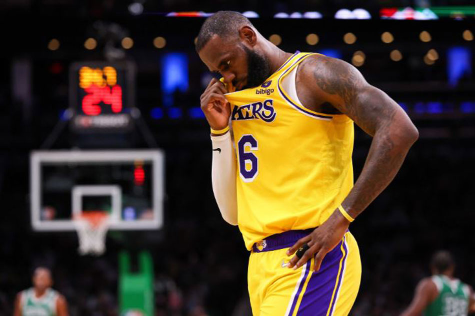 Los Angeles Lakers forward LeBron James (6) reacts during the second half against the Boston Celtics at TD Garden. Paul Rutherford-USA TODAY Sports via Reuters