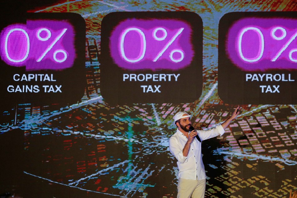 El Salvador's president Nayib Bukele speaks at the closing party of the “Bitcoin Week” where he announced the plan to build the first 