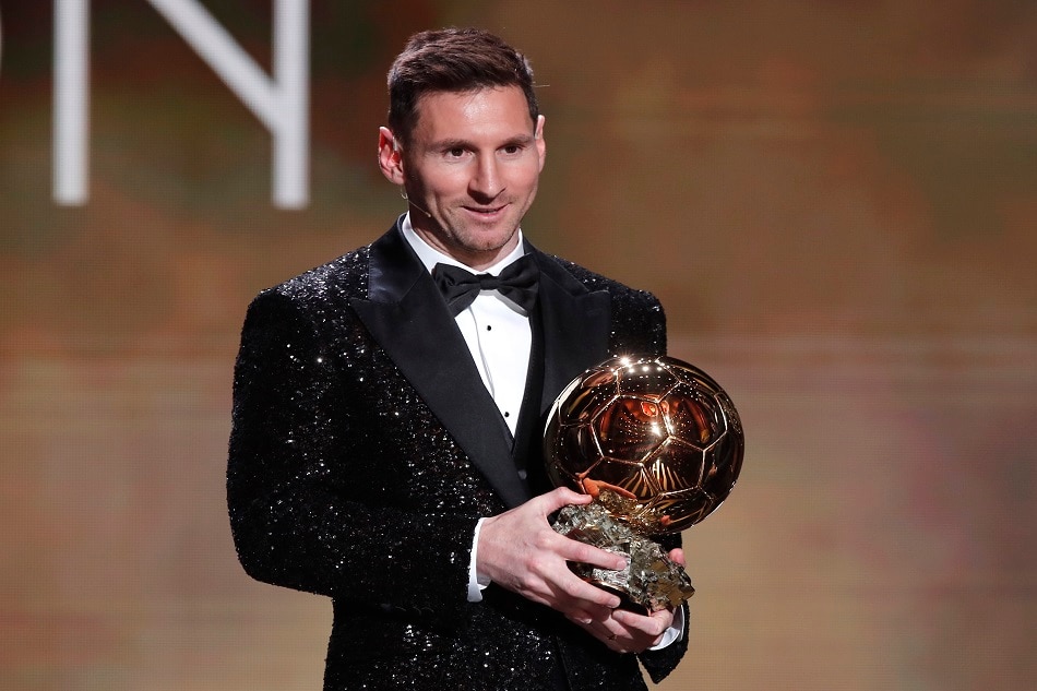 Paris St Germain's Lionel Messi with the Ballon d'Or award at Theatre du Chatelet, Paris on November 29, 2021. Benoit Tessier, Reuters