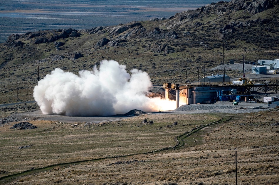 The US Navy, in collaboration with the US Army, conducts a static fire test of the first stage of the newly developed 34.5