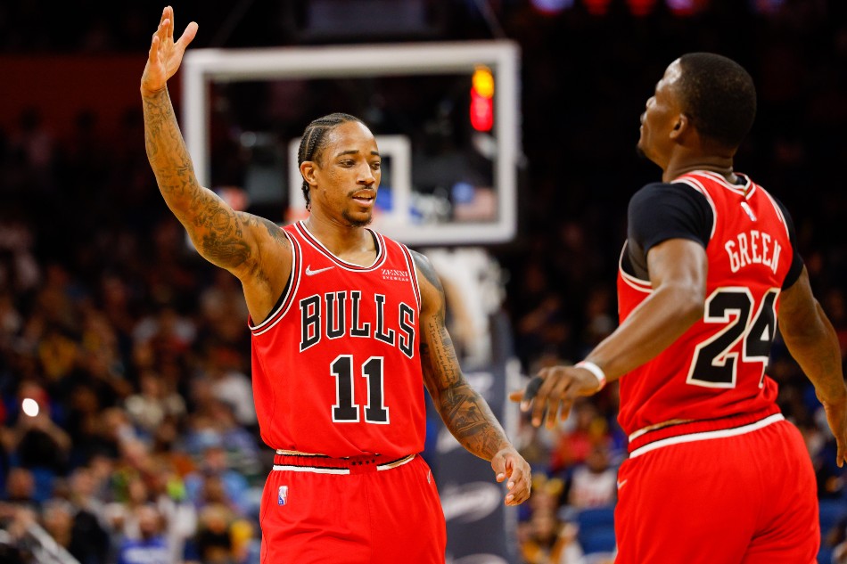 Chicago Bulls forward DeMar DeRozan (11) and forward Javonte Green (24) celebrate after a shot in the second half against the Orlando Magic at Amway Center. Nathan Ray Seebeck, USA TODAY Sports/Reuters.