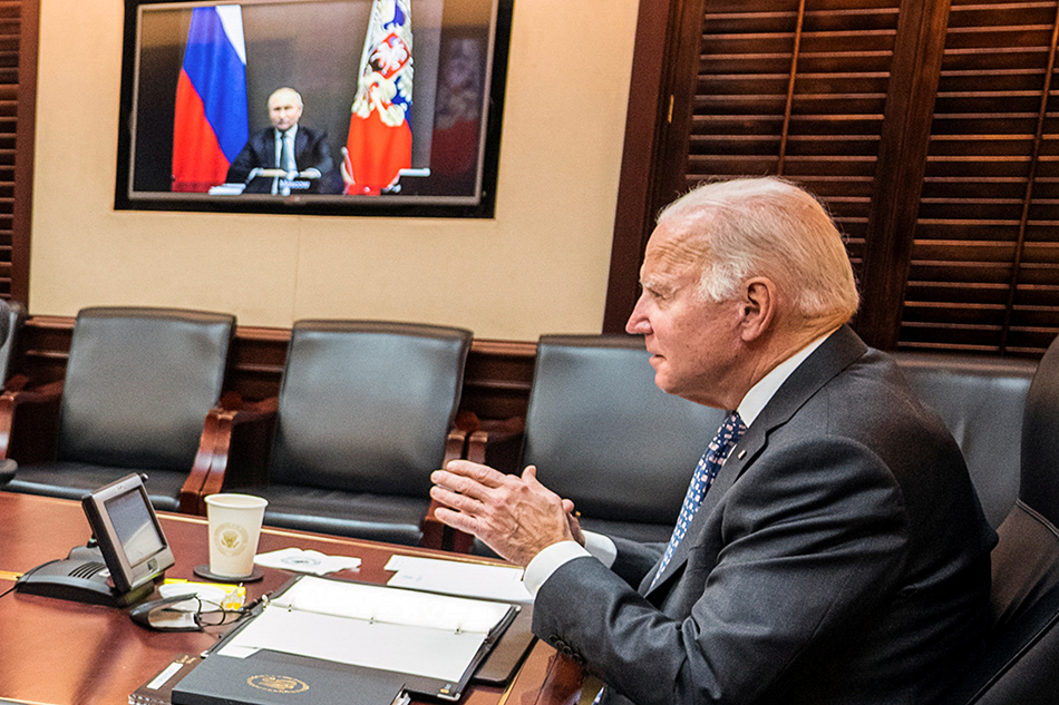 US President Biden holds virtual talks with Russia's President Putin during a secure video call at the White House in Washington, December 7, 2021, amid Western fears that Moscow plans to attack Ukraine. The White House handout via Reuters