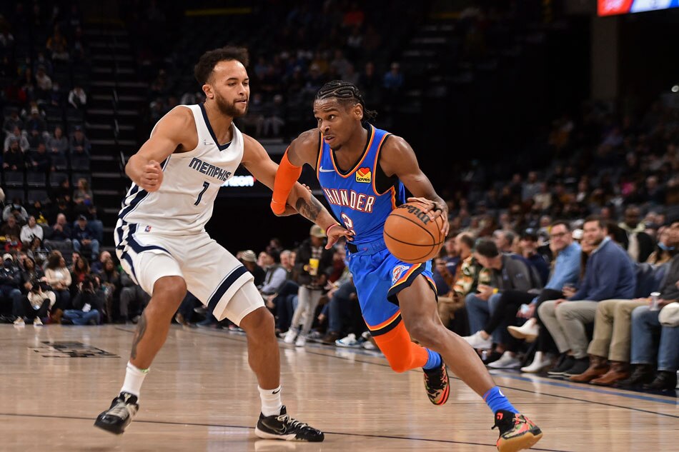 Oklahoma City Thunder guard Shai Gilgeous-Alexander (2) handles the ball against Memphis Grizzlies forward Kyle Anderson (1) during the first half at FedExForum. Justin Ford, USA TODAY Sports/Reuters.