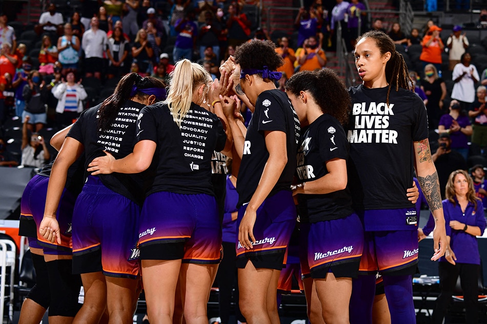 The Phoenix Mercury huddle up before the game against the Minnesota Lynx on July 3, 2021 at the Phoenix Suns Arena in Phoenix, Arizona.