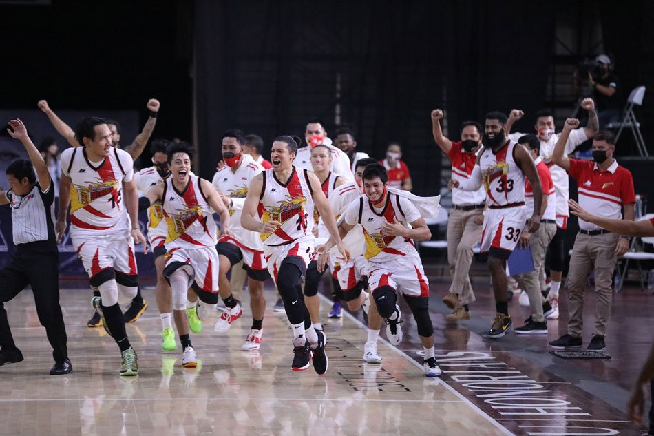 The San Miguel Beermen celebrate after defeating TNT in Game 2 of their 2021 PBA Philippine Cup semifinals series. PBA Media Bureau