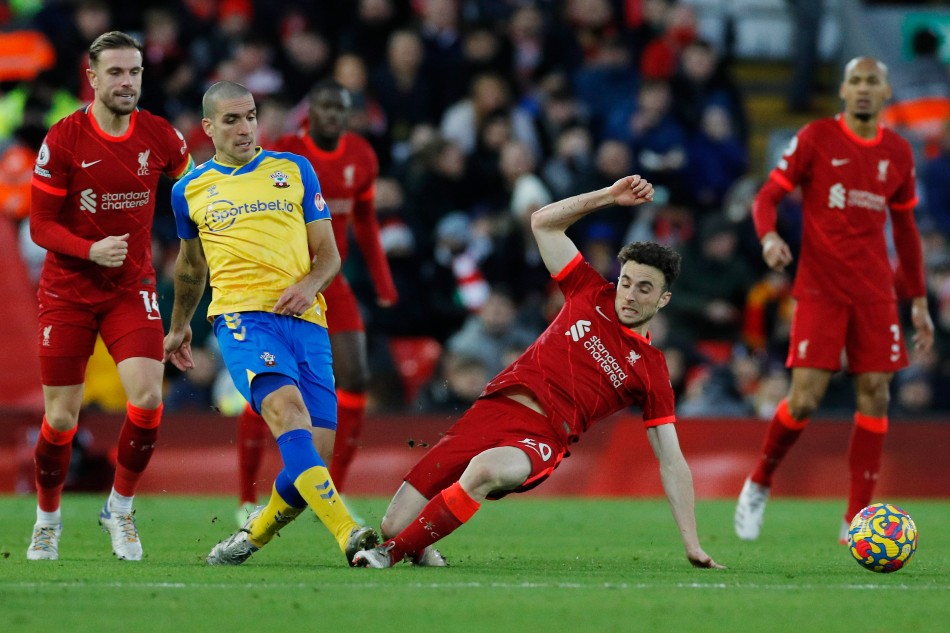 Southampton's Oriol Romeu in action with Liverpool's Diogo Jota. Phil Noble, Reuters. 