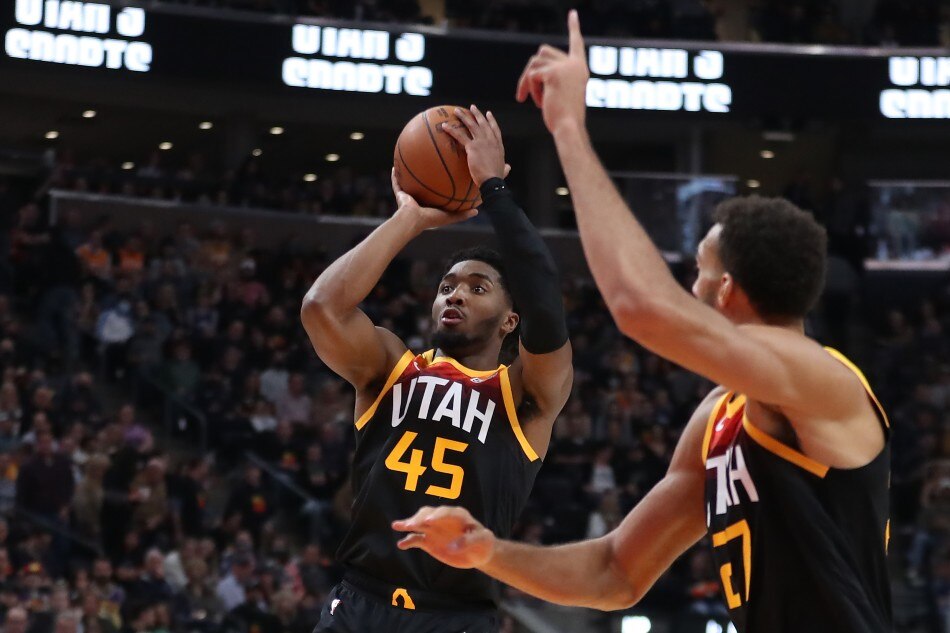 Utah Jazz guard Donovan Mitchell (45) shoots a jump shot against the New Orleans Pelicans in the second quarter at Vivint Arena. Rob Gray, USA TODAY Sports/Reuters.