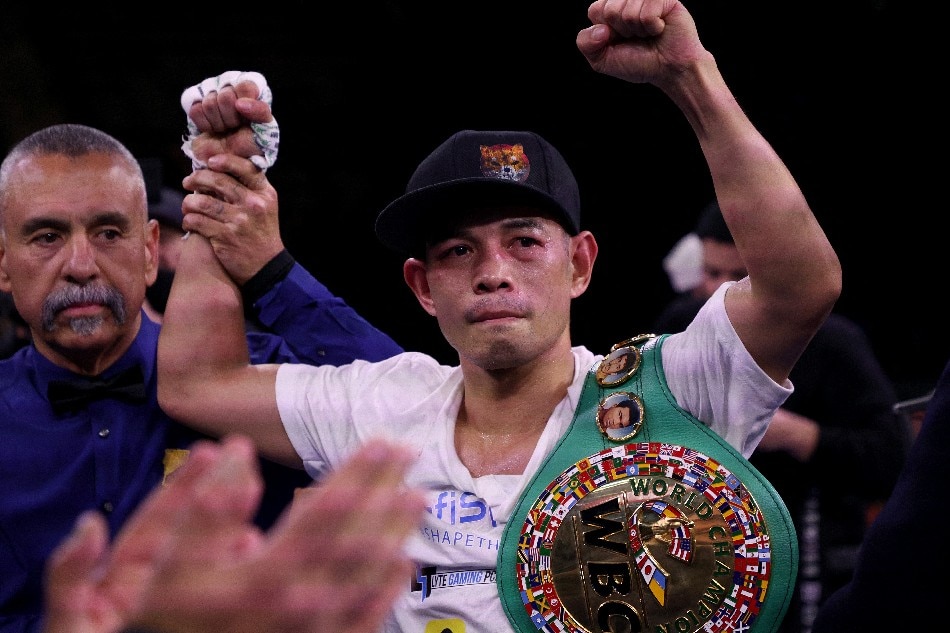 Nonito Donaire reacts after a fourth round knockout win over Reymart Gaballo for the WBC World Bantamweight Championship at Dignity Health Sports Park on December 11, 2021 in Carson, California. Harry How, Getty Images/AFP