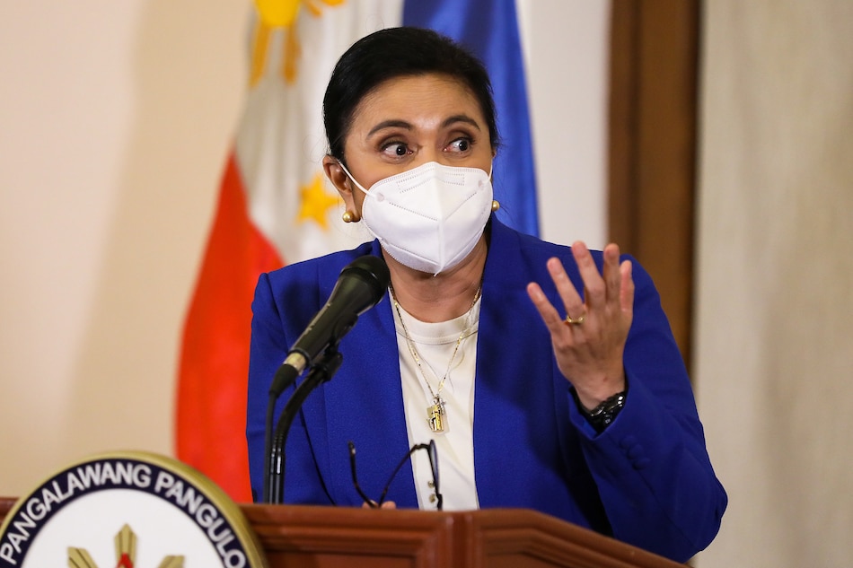 Vice President Leni Robredo speaks during a press conference on Feb. 16, 2021.