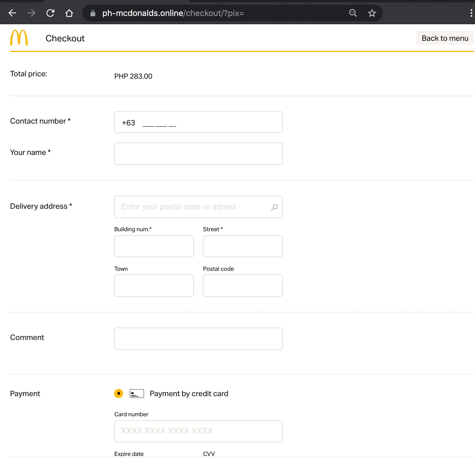 Screenshot of fake McDonald's delivery website