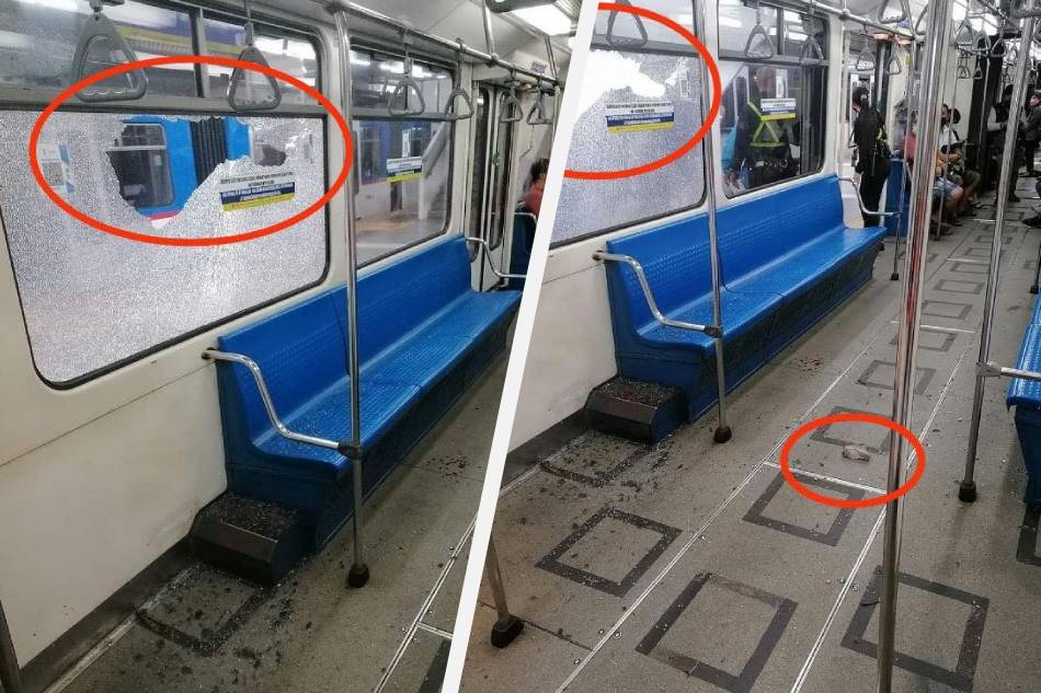 A rock hit a train of the MRT-3 on November 21, 2021 as it travelled from Taft Avenue Station to the Magallanes station, injuring a passenger. Photo courtesy of Transportation Secretary Art Tugade's Facebook post.
