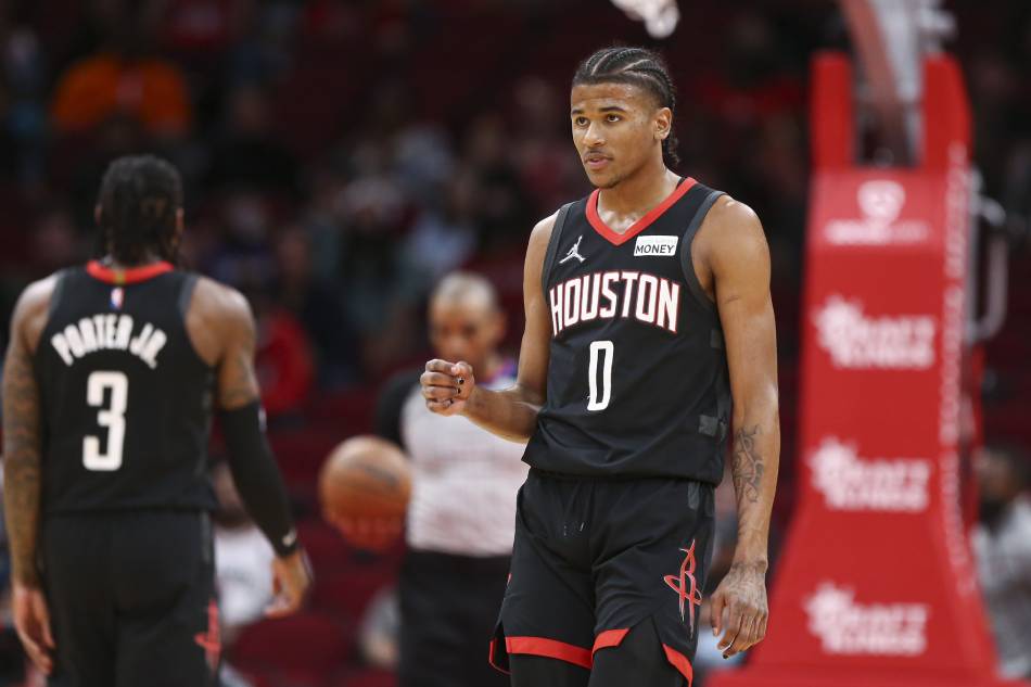 Houston Rockets guard Jalen Green (0) reacts after a play during the first quarter against the Chicago Bulls at Toyota Center. Troy Taormina, USA TODAY Sports via Reuters
