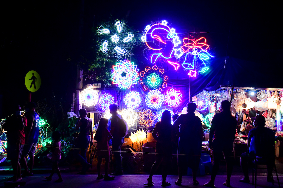 Christmas decor goes for sale at the Dapitan Arcade area in Quezon City on Dec. 1, 2021. Metro Manila will remain under COVID-19 alert level 2 until Dec. 15 due to the threat of the Omicron variant of the coronavirus. Mark Demayo, ABS-CBN News